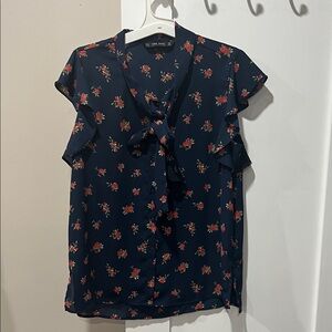 Zara Navy and Red Floral Blouse M